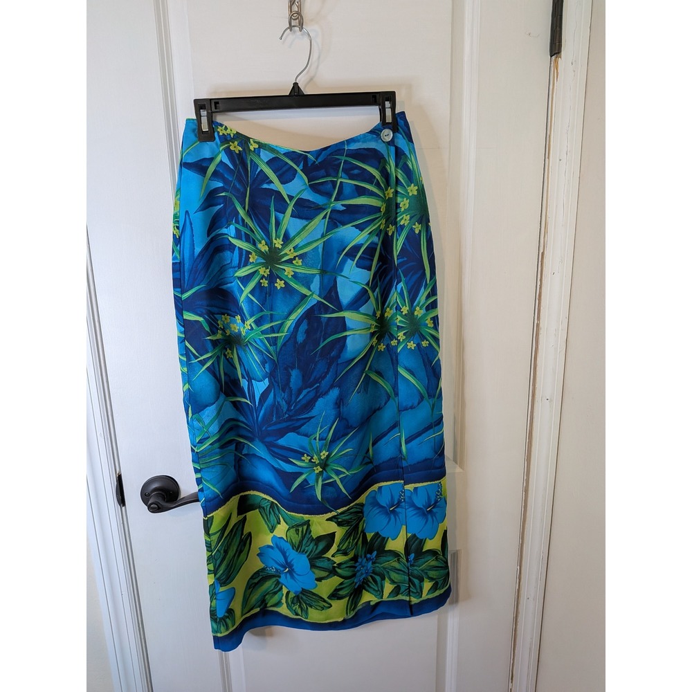 Ellen Figg Vintage Tropical Floral Midi Skirt Blue Green Hibiscus Made in USA 12